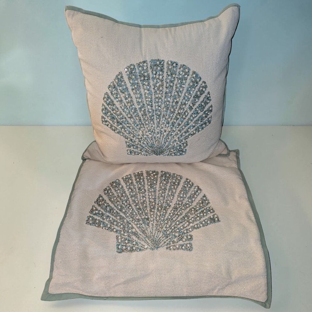 2 Hand Beaded Pillow Covers 18"x18" Sequins Embroidered Shells Cream Aqua Blue